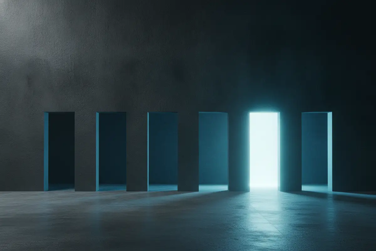 Ilustración: un muro con seis aberturas idénticas; una sola está iluminada.