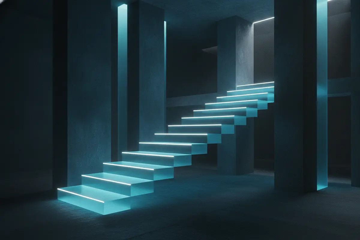 Ilustración: una escalera de losas de vidrio iluminadas que asciende, cada escalón más grueso y más brillante que el anterior.