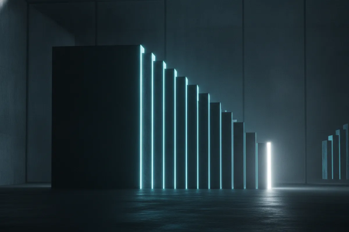 Illustration: a colossal dark block carved down in a dozen steps until only a thin bright spine is left standing.