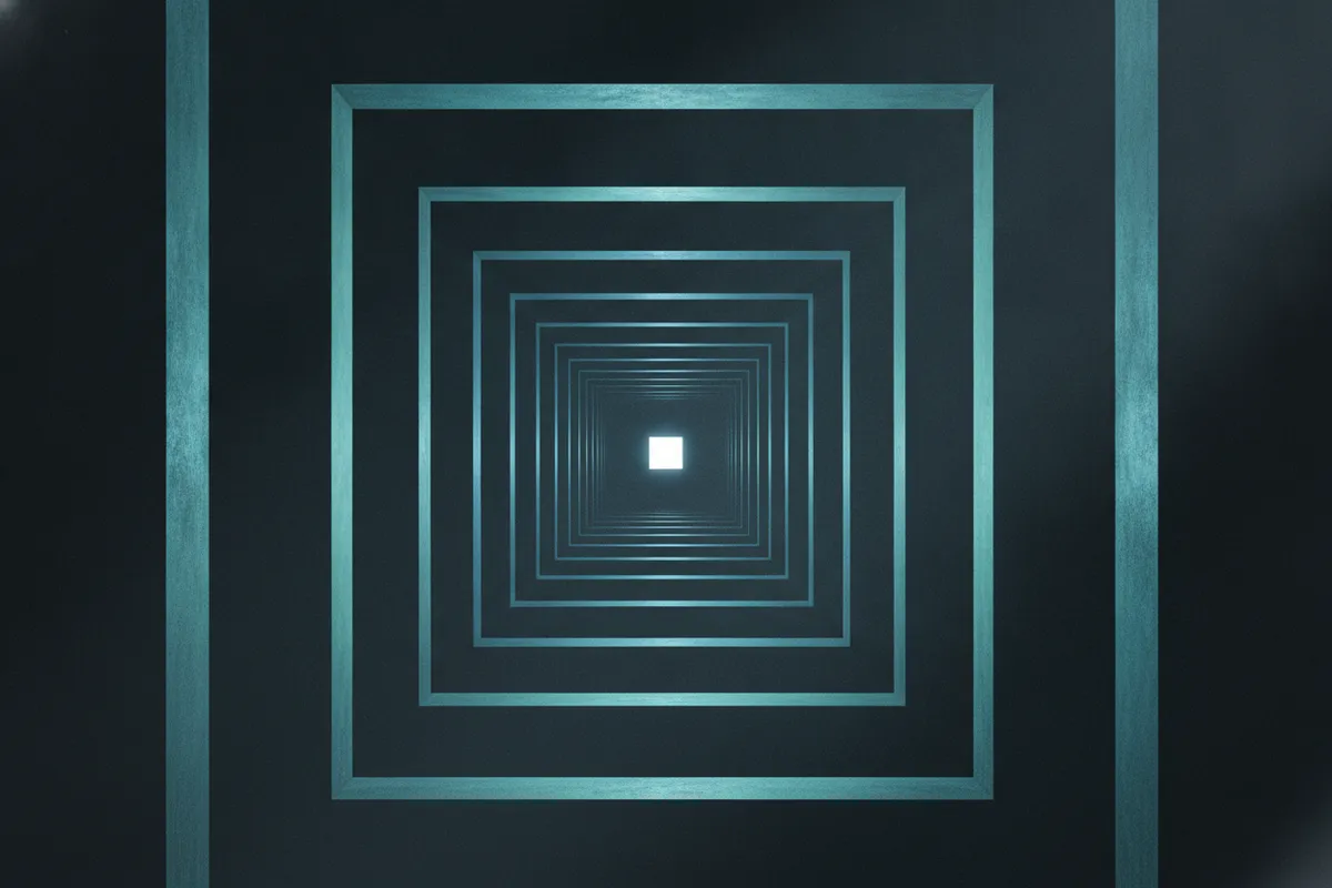 Illustration: a corridor of a dozen concrete portals nested one behind the other, each inner edge catching the light, receding toward a bright opening.