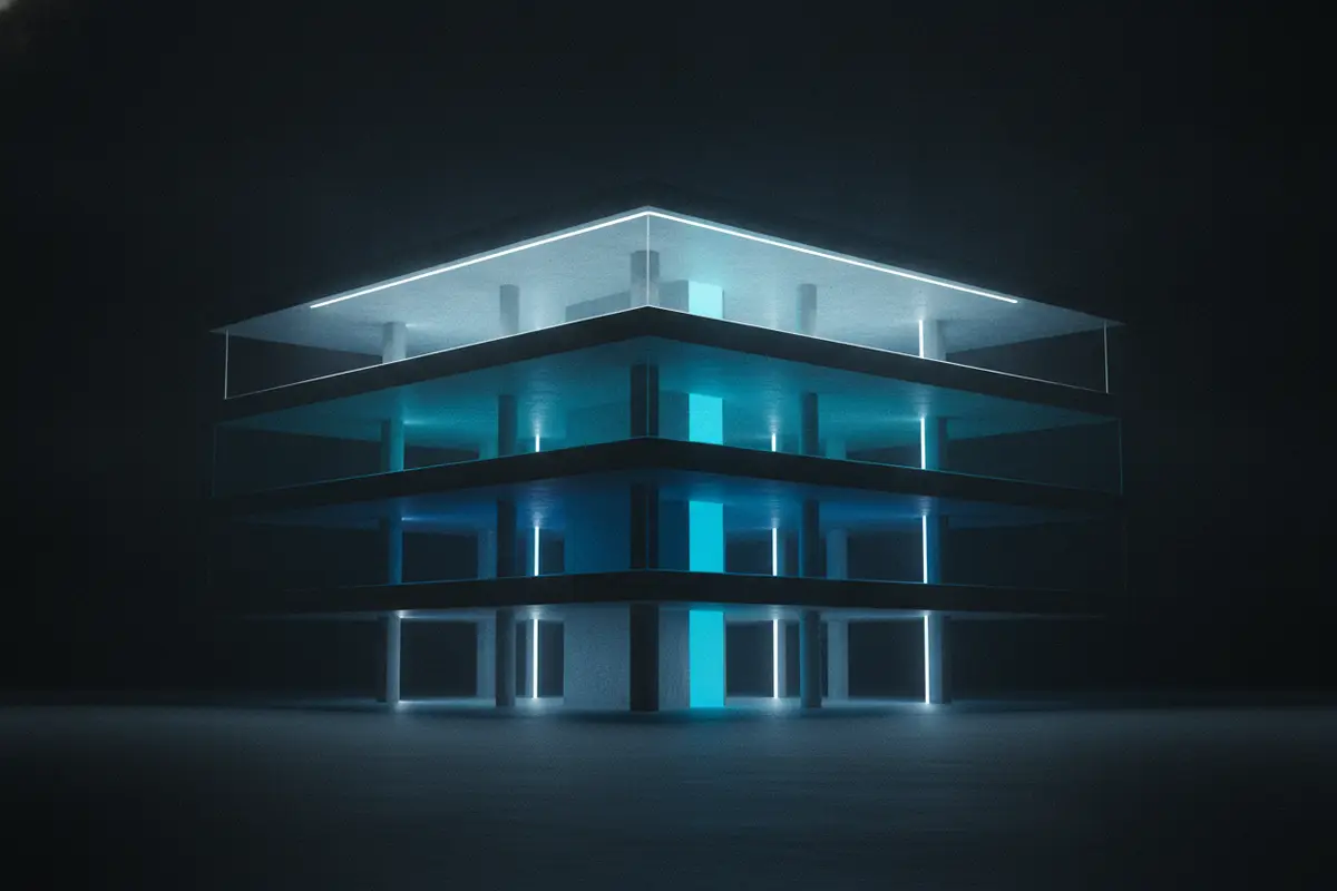 Illustration: four stacked strata of translucent glass, threaded by a single vertical shaft of light.