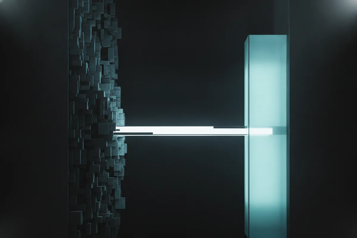 Illustration: a mass of loose stacked blocks on one side and a single clean glass monolith on the other, joined across a dark gap by one span of light.