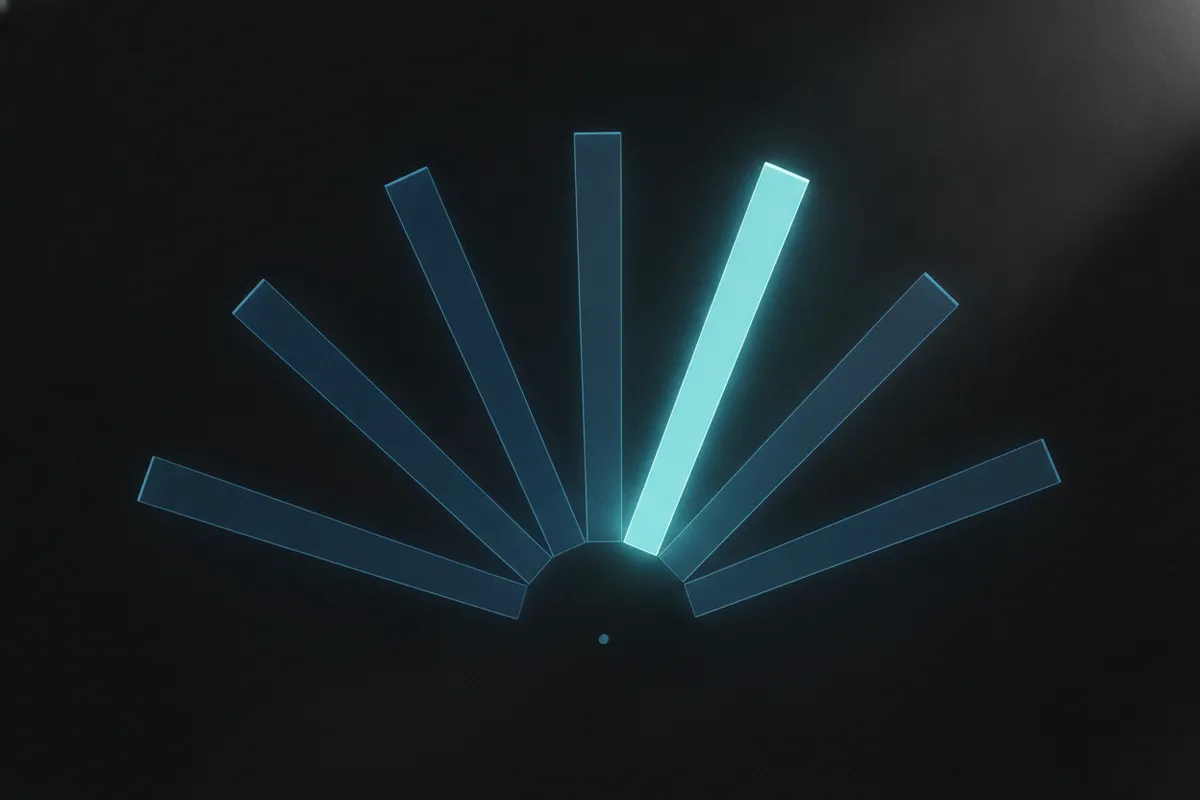 Illustration: seven identical glass blades splayed out like an opened fan, seen from above, with one of them lit brighter than the rest.
