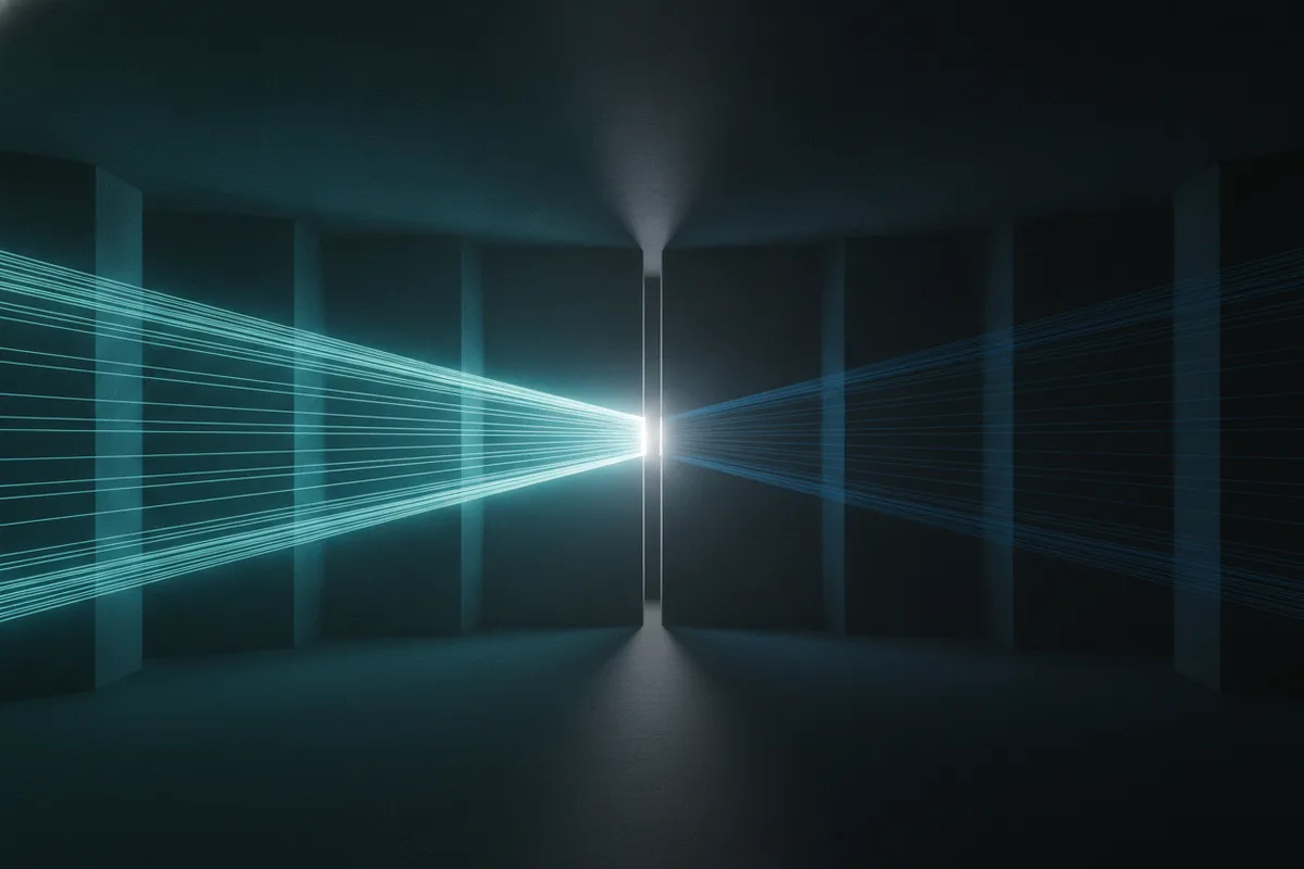 Illustration: a dense sheaf of bright filaments squeezed through one narrow slot, coming out the far side sparse and dim.