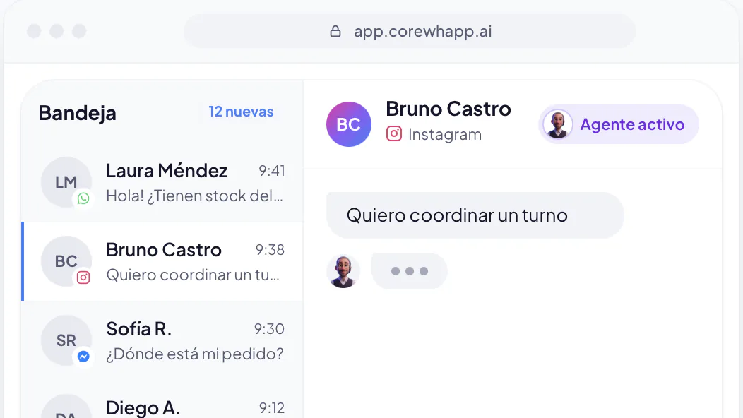 CoreWhapp screen: the shared inbox, with each conversation tagged by its channel (WhatsApp, Instagram or Messenger) and the open conversation beside it.