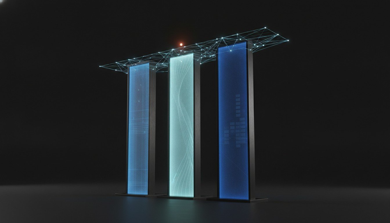 Three illuminated glass towers in azure, cyan and indigo — Data & Analytics, Agentic Workforce, and SaaS Products — connected by a mesh of agent nodes above, with a single terracotta point at the convergence.